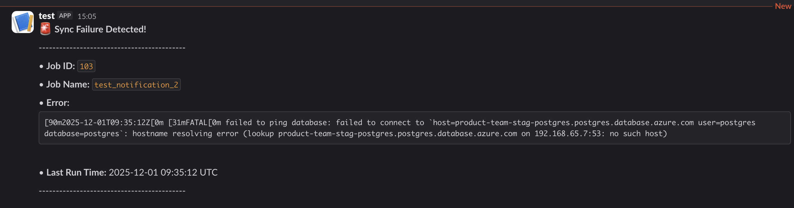 Example alert notification showing sync failure with job details and error message