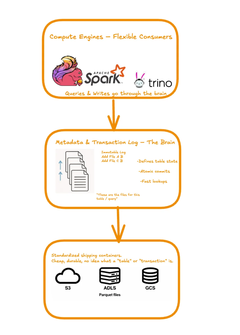 Data Lakehouse architecture showing three-layer structure with storage, metadata, and compute layers
