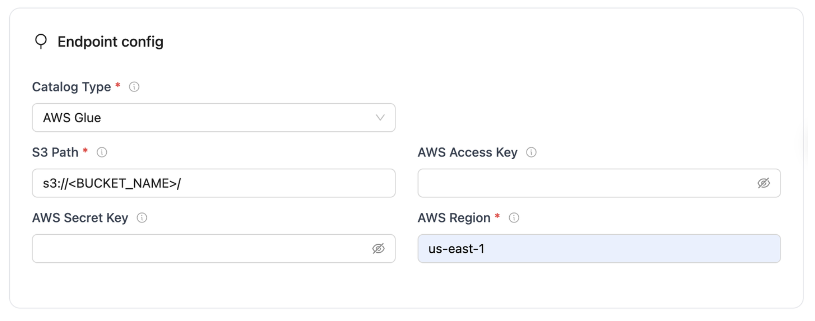 AWS Glue source config section with inputs for catalog type, S3 path, database, AWS credentials, and region