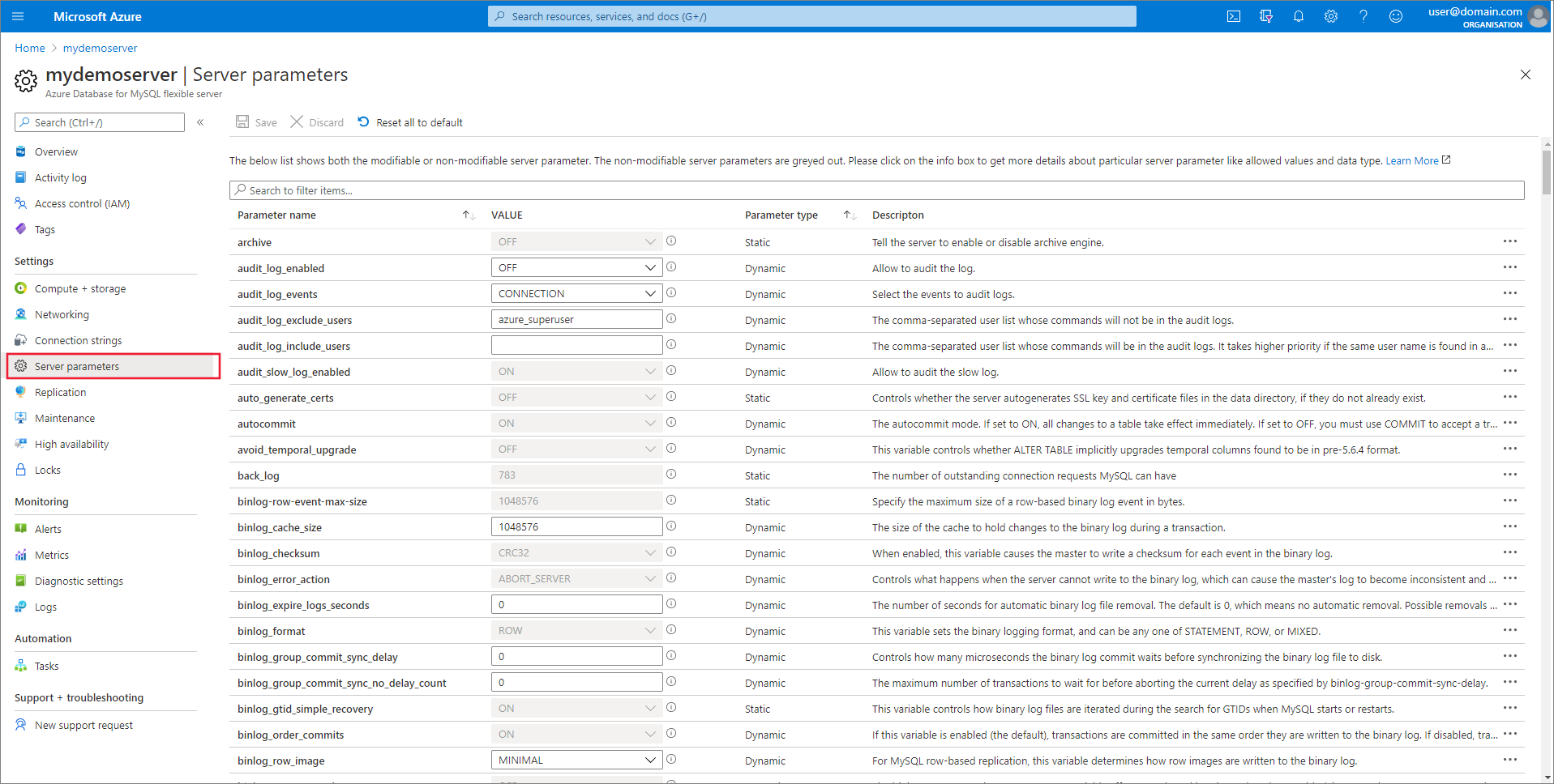 azure-mysql-parameters