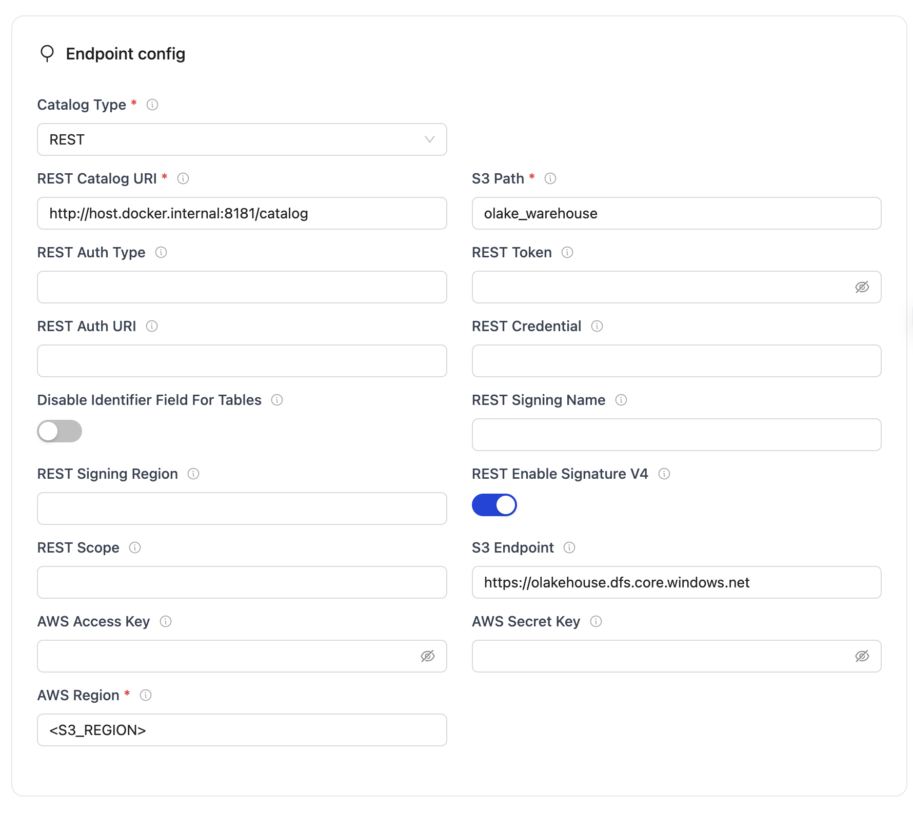 Screenshot of OLake Iceberg destination config with REST Catalog, Iceberg S3 path, and Azure Data Lake endpoint.