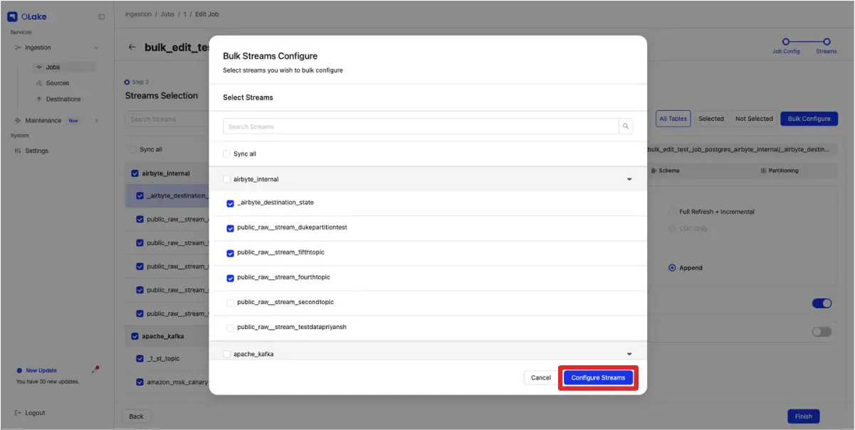 Bulk Configuration Streams Selection