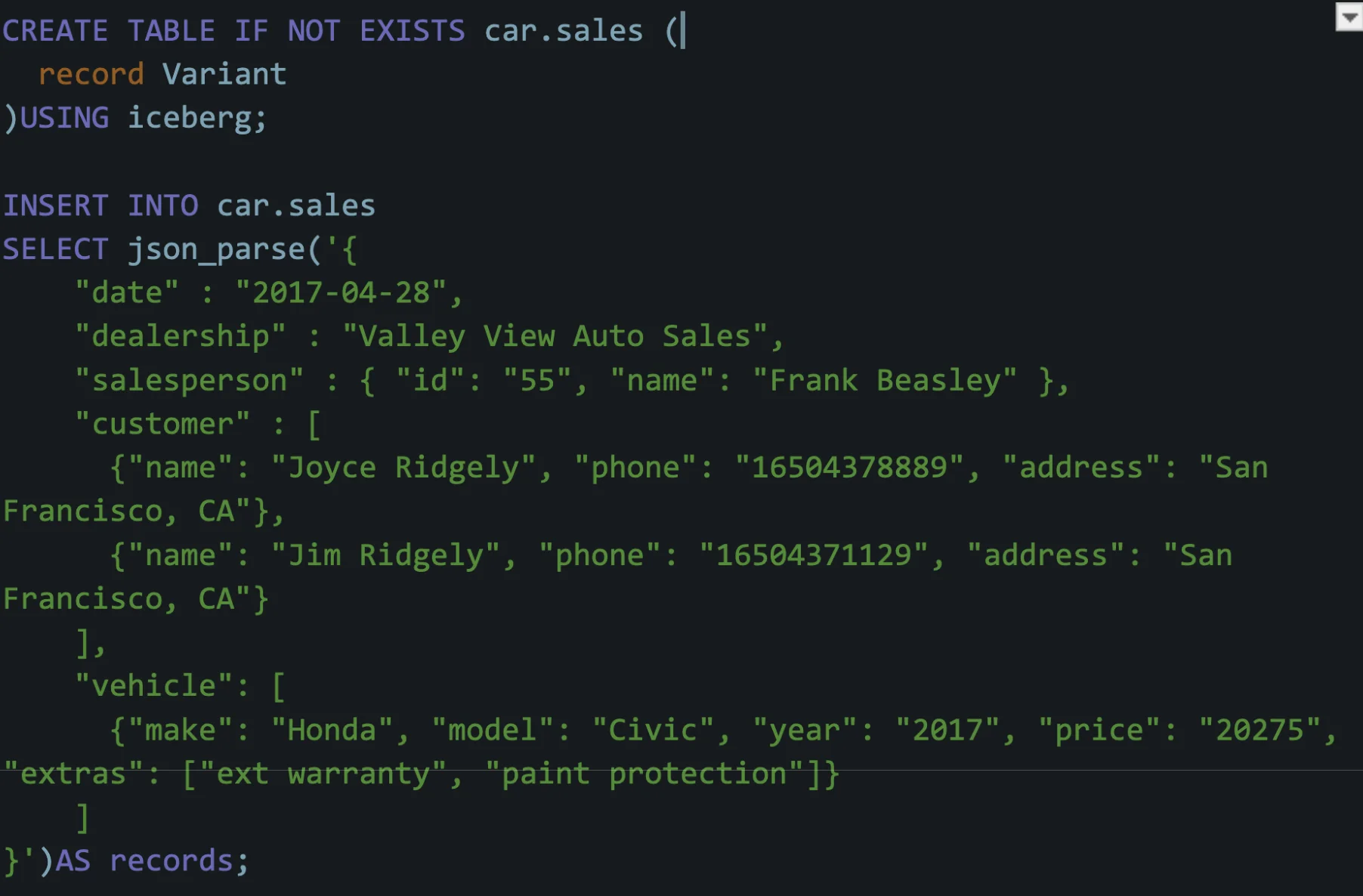 Create table and insert variant data