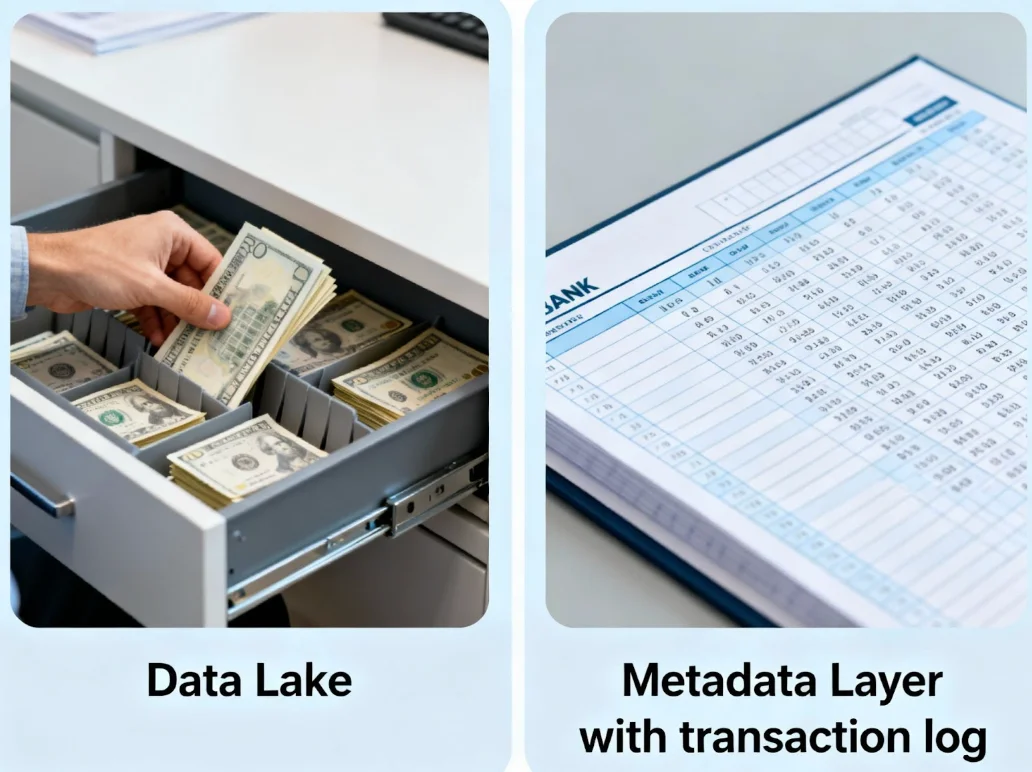 Comparison diagram showing Data Lake vs Data Lakehouse architecture differences