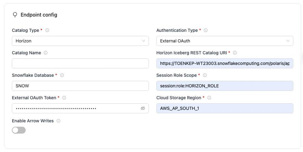REST endpoint config form with required fields for Horizon Iceberg database connection.