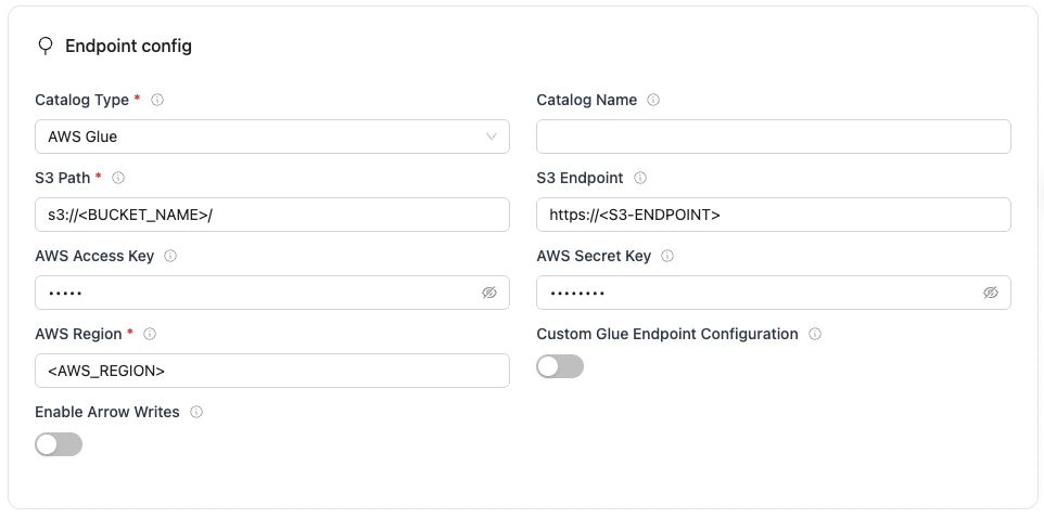 AWS Glue source config section with inputs for catalog type, S3 path, database, AWS credentials, and region