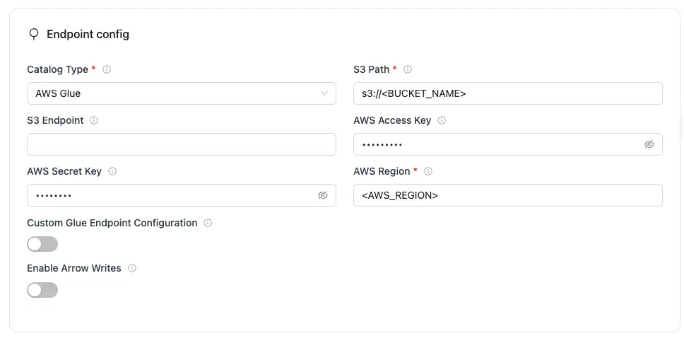 AWS Glue source config section with inputs for catalog type, S3 path, database, AWS credentials, and region