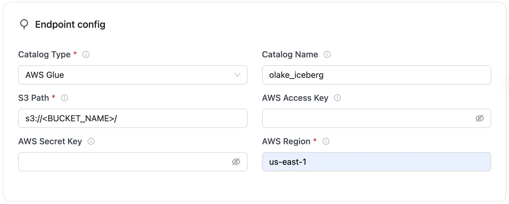 AWS Glue source config section with inputs for catalog type, S3 path, database, AWS credentials, and region
