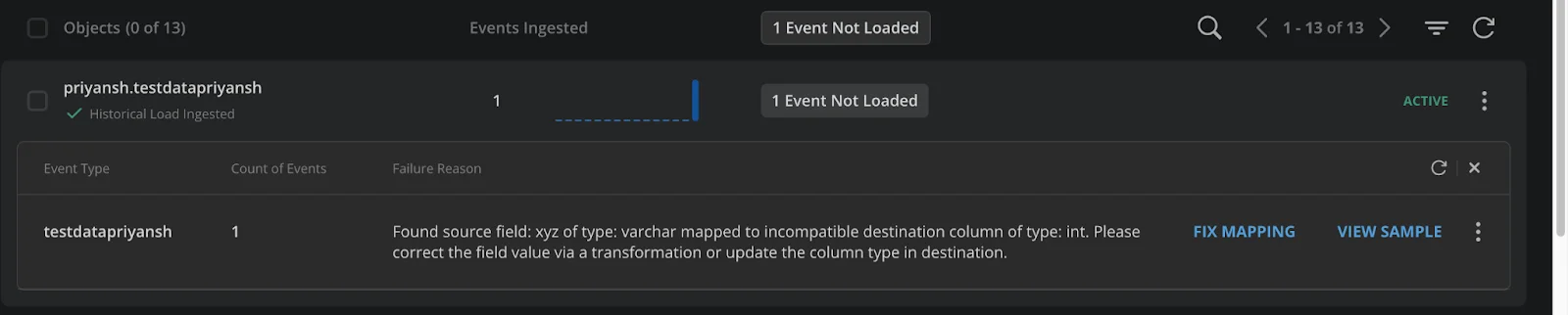 Error screen for 'priyansh.testdatapriyansh' showing a varchar-to-int type mapping error and suggesting a transformation or destination column type update