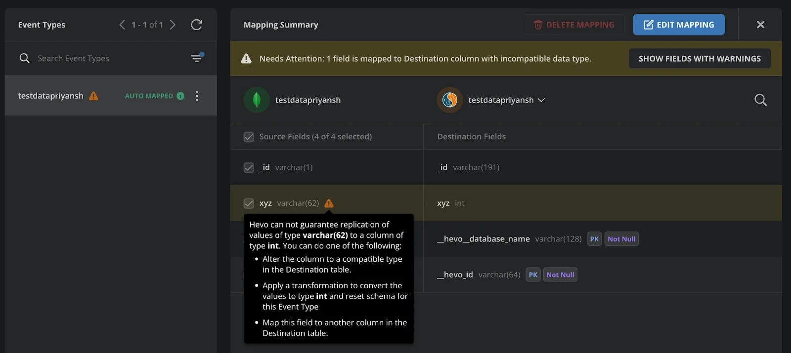 Data mapping UI warning: source 'varchar(62)' field 'xyz' is mapped to incompatible destination type 'int', with suggestions to resolve the data type mismatch