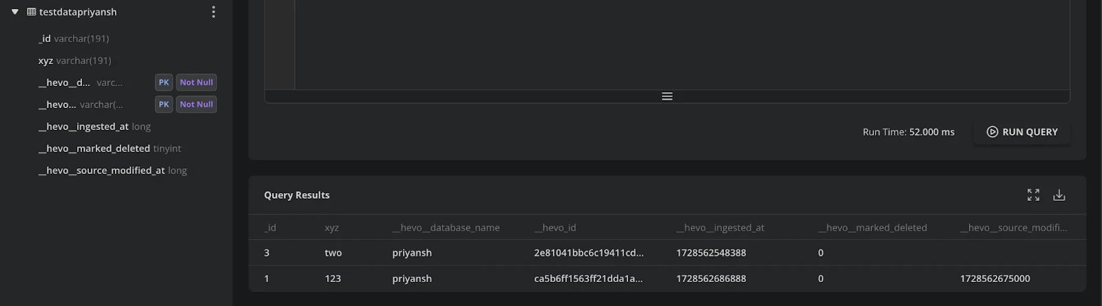 Database query result for 'testdatapriyansh' displays _id and xyz as varchar(191) types, with rows storing both numeric ('123') and non-numeric ('two') string values in the xyz field