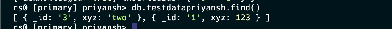 MongoDB shell output of .find() on testdatapriyansh, displaying documents where the xyz field contains both a string ('two') and a number (123)