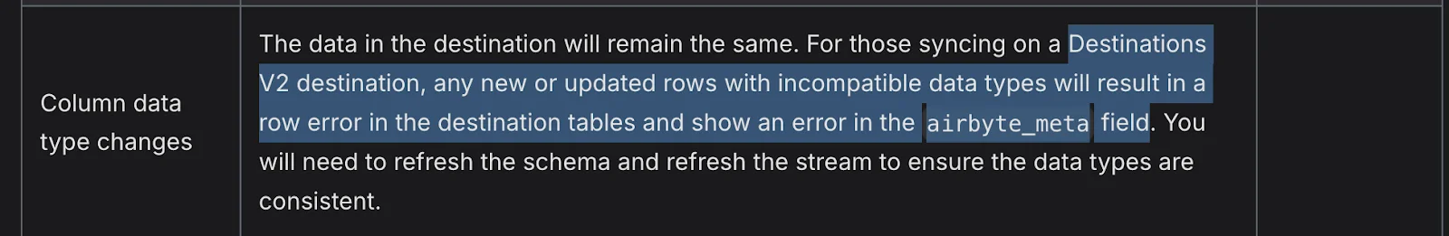 Table excerpt stating that on Destinations V2, incompatible data types in new or updated rows cause row errors and errors in the airbyte_meta field
