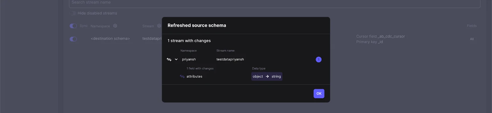 Schema update modal showing the 'attributes' field in stream 'testdatapriyansh' (namespace 'priyansh') changing data type from object to string