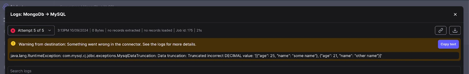 Pipeline error log for MongoDB to MySQL, showing a DECIMAL data truncation error due to trying to insert non-numeric JSON content into a numeric column