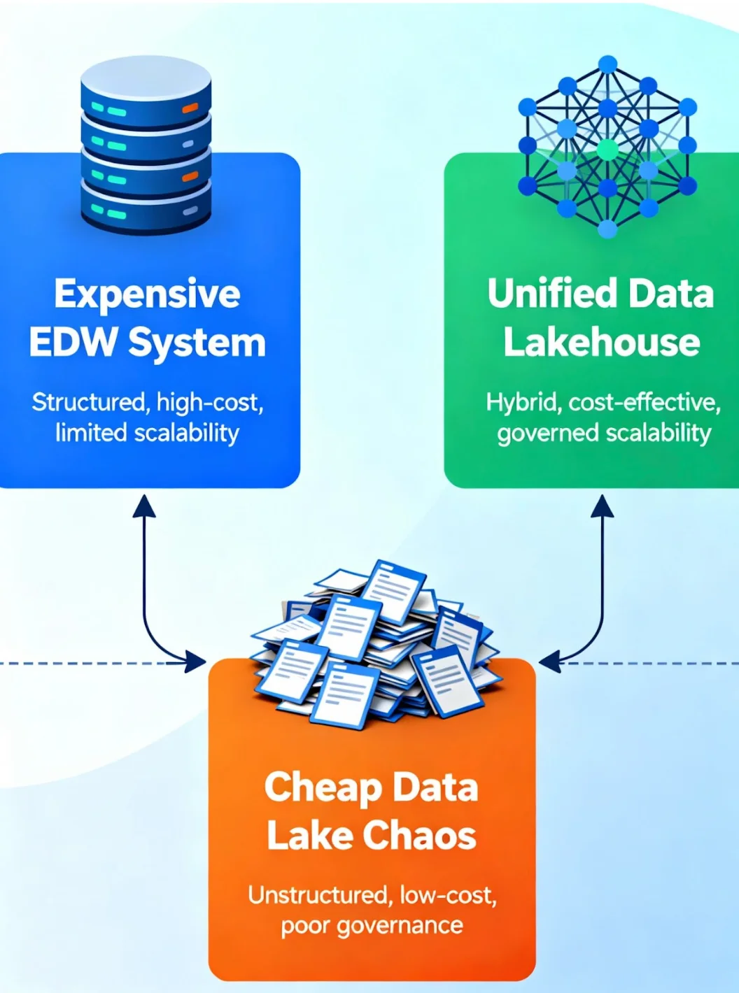 Historical evolution of data architecture from EDW to Data Lakes to Lakehouses