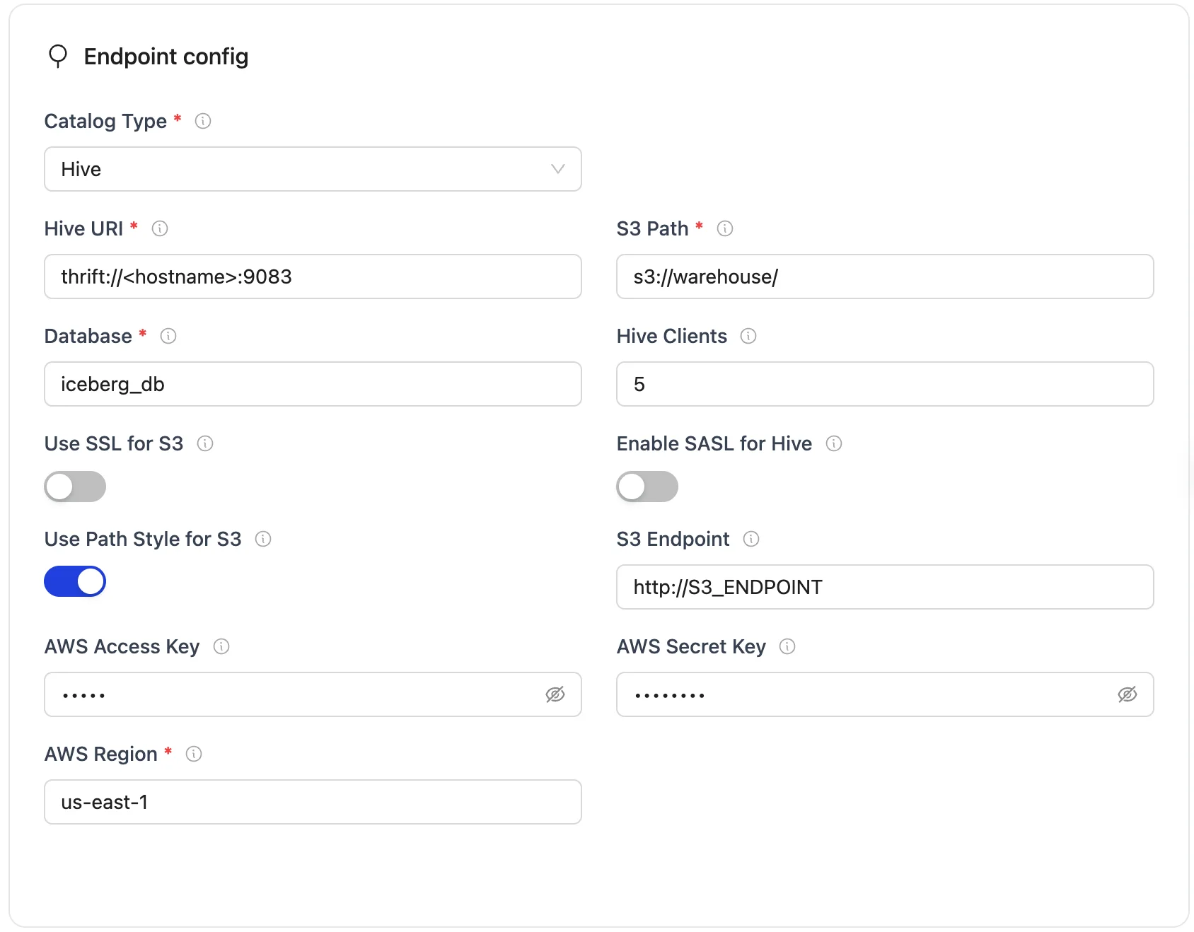 Hive endpoint config form with fields for Hive URI, S3 path, AWS keys, and region