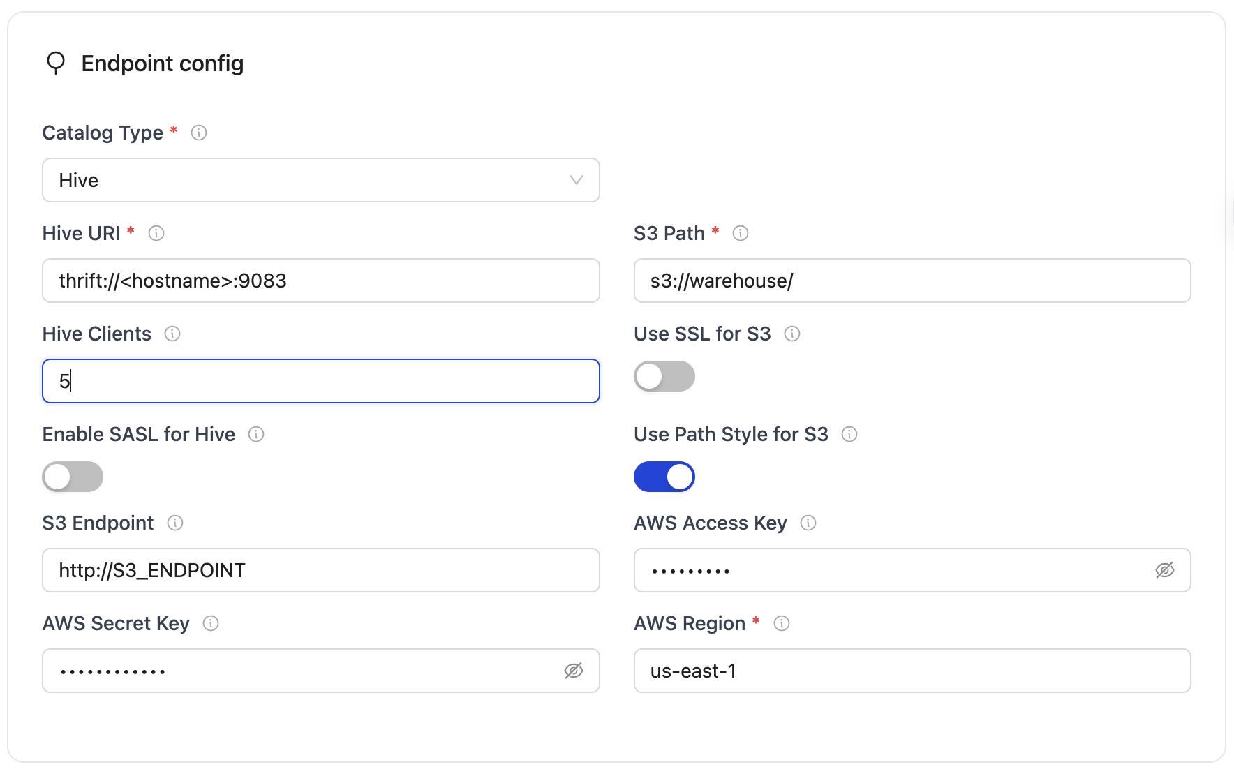 Hive endpoint config form with fields for Hive URI, S3 path, AWS keys, and region
