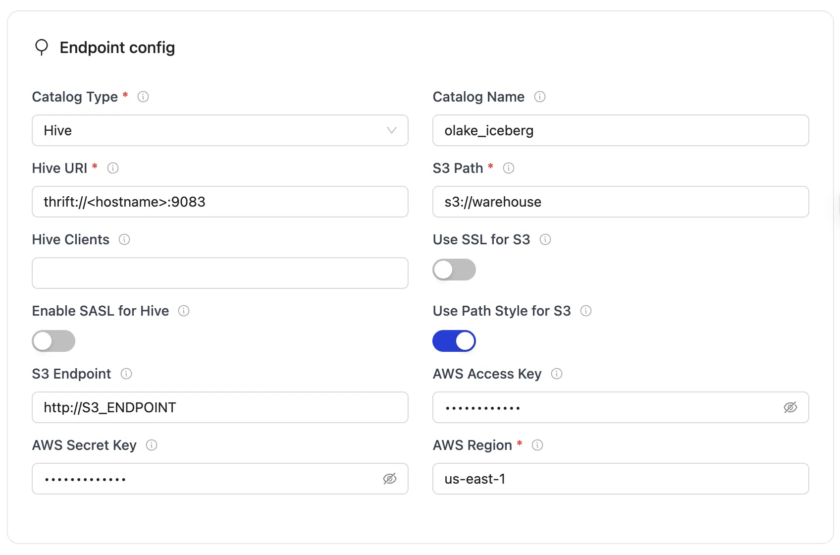 Hive endpoint config form with fields for Hive URI, S3 path, AWS keys, and region
