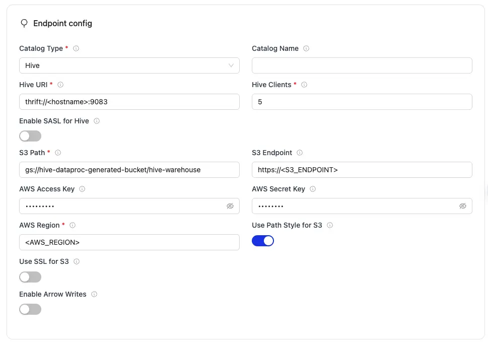 Hive endpoint config form with fields for Hive URI, S3 path, AWS keys, and region