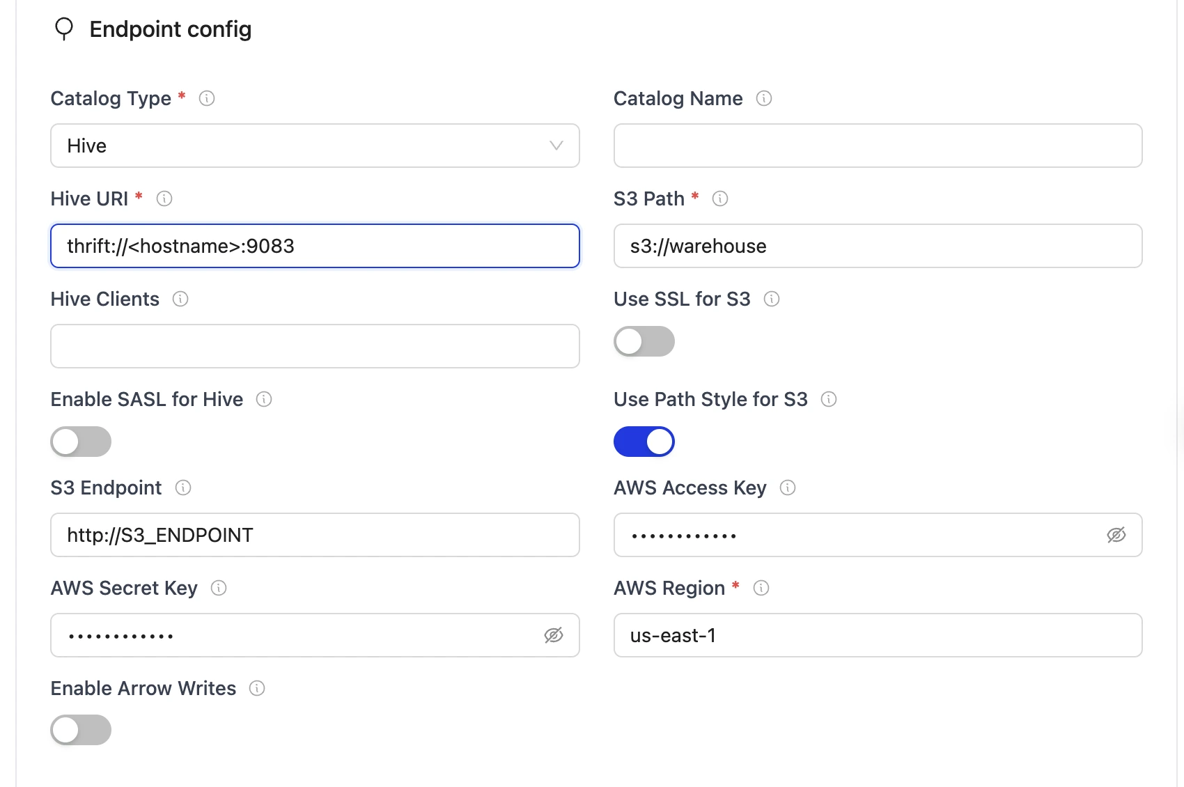 Hive endpoint config form with fields for Hive URI, S3 path, AWS keys, and region