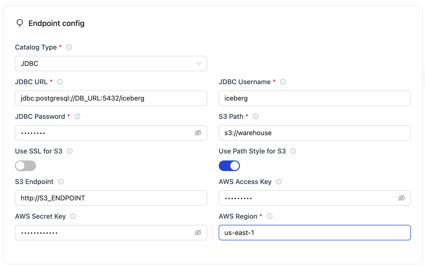 JDBC endpoint config with fields for JDBC, S3 path, AWS keys, and region