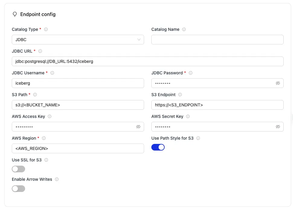 JDBC endpoint config with fields for JDBC, S3 path, AWS keys, and region