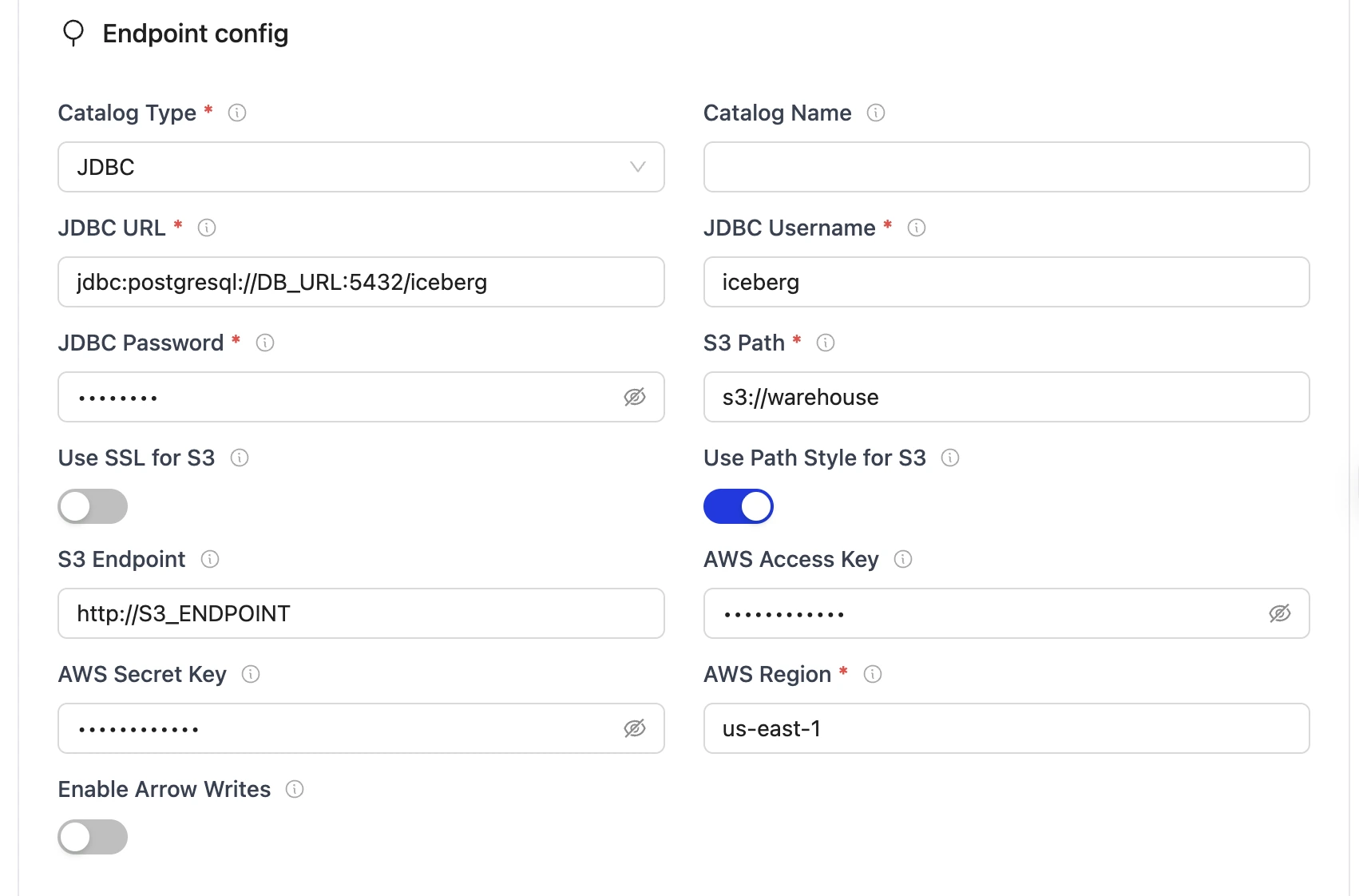 JDBC endpoint config with fields for JDBC, S3 path, AWS keys, and region