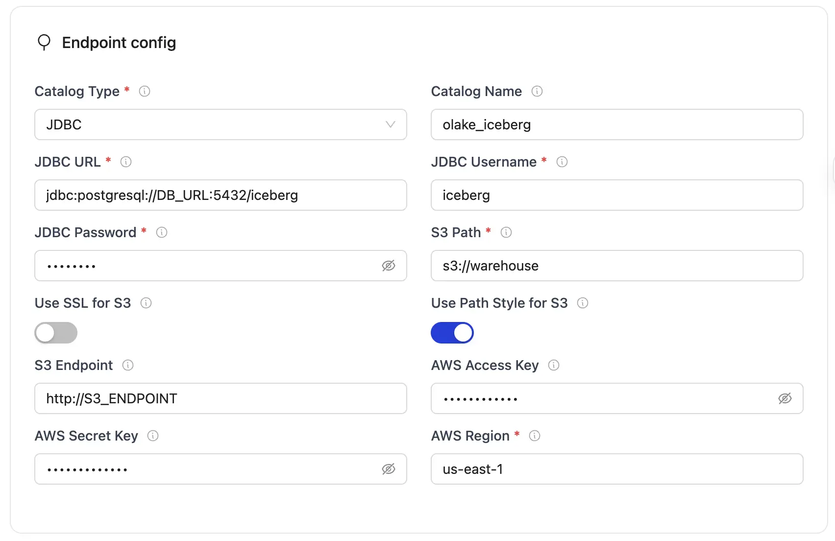 JDBC endpoint config with fields for JDBC, S3 path, AWS keys, and region
