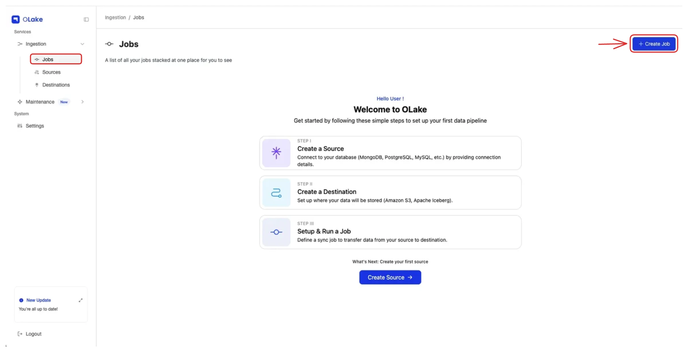 OLake jobs dashboard for new users with option to create first job highlighted