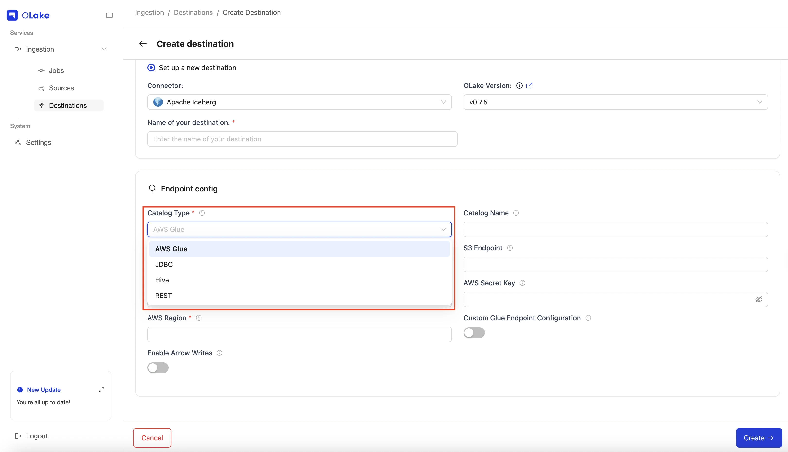 Job destination
catalog