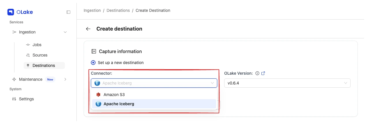 OLake create job destination step showing Apache Iceberg and Amazon S3 connector selection