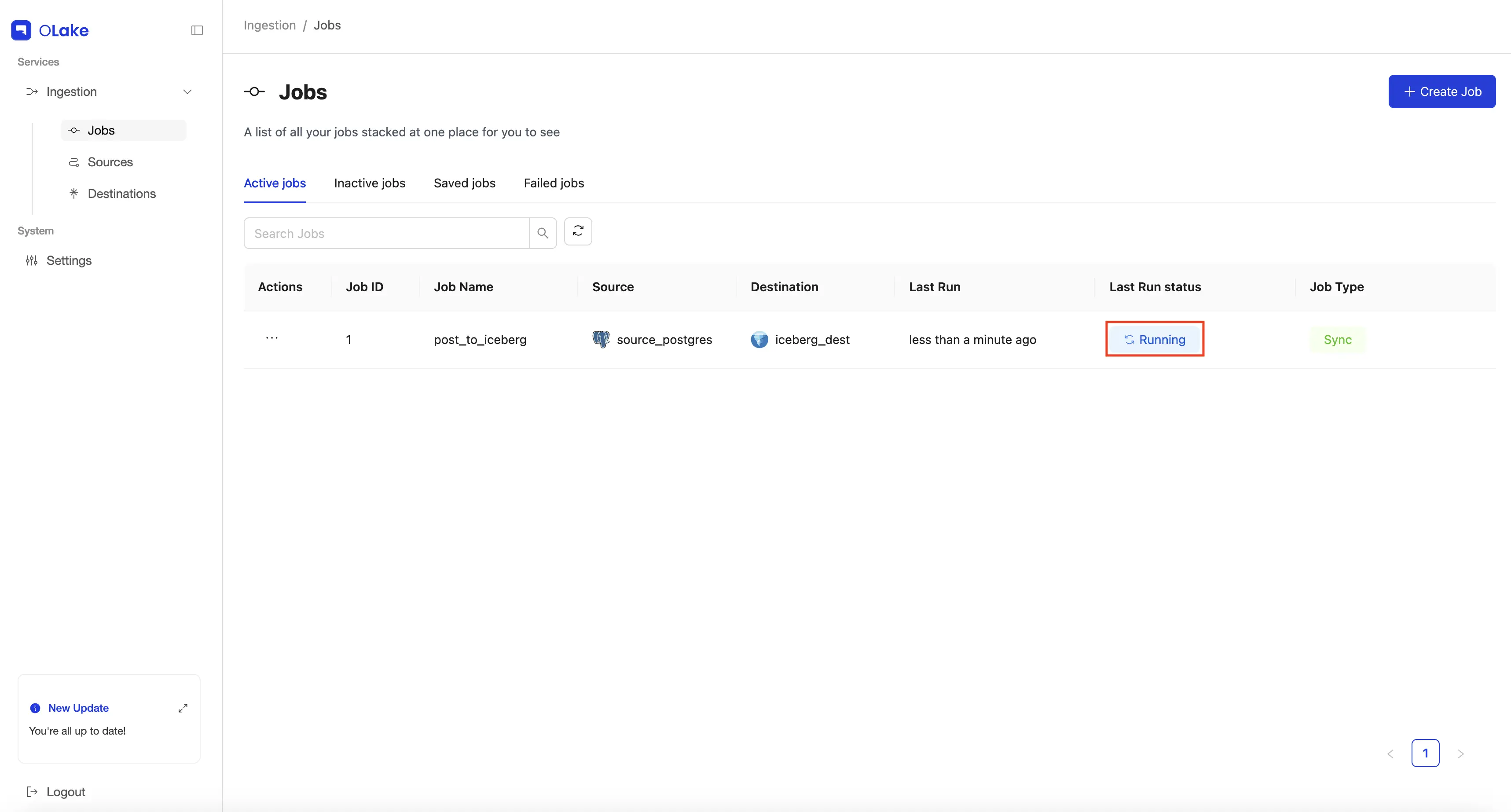 OLake jobs dashboard showing active job status as running for Postgres to Iceberg pipeline