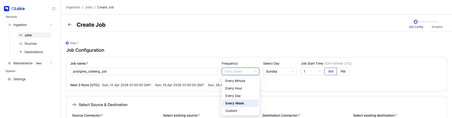 OLake create job stream filter UI for Postgres to Iceberg pipeline using dropoff_datetime column and operators