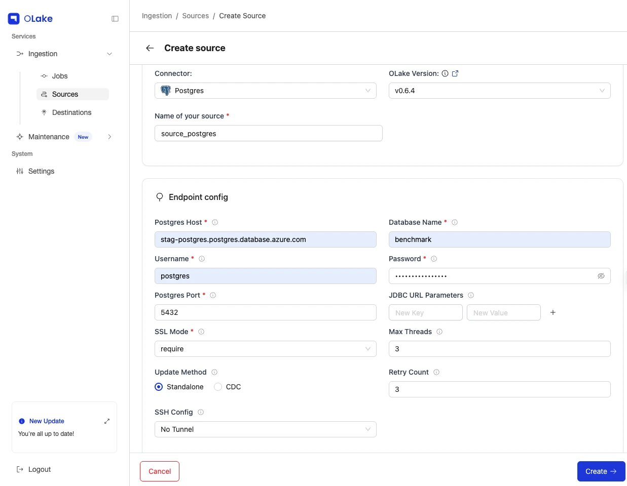 OLake create job screen showing Postgres source endpoint and CDC configuration with setup guide