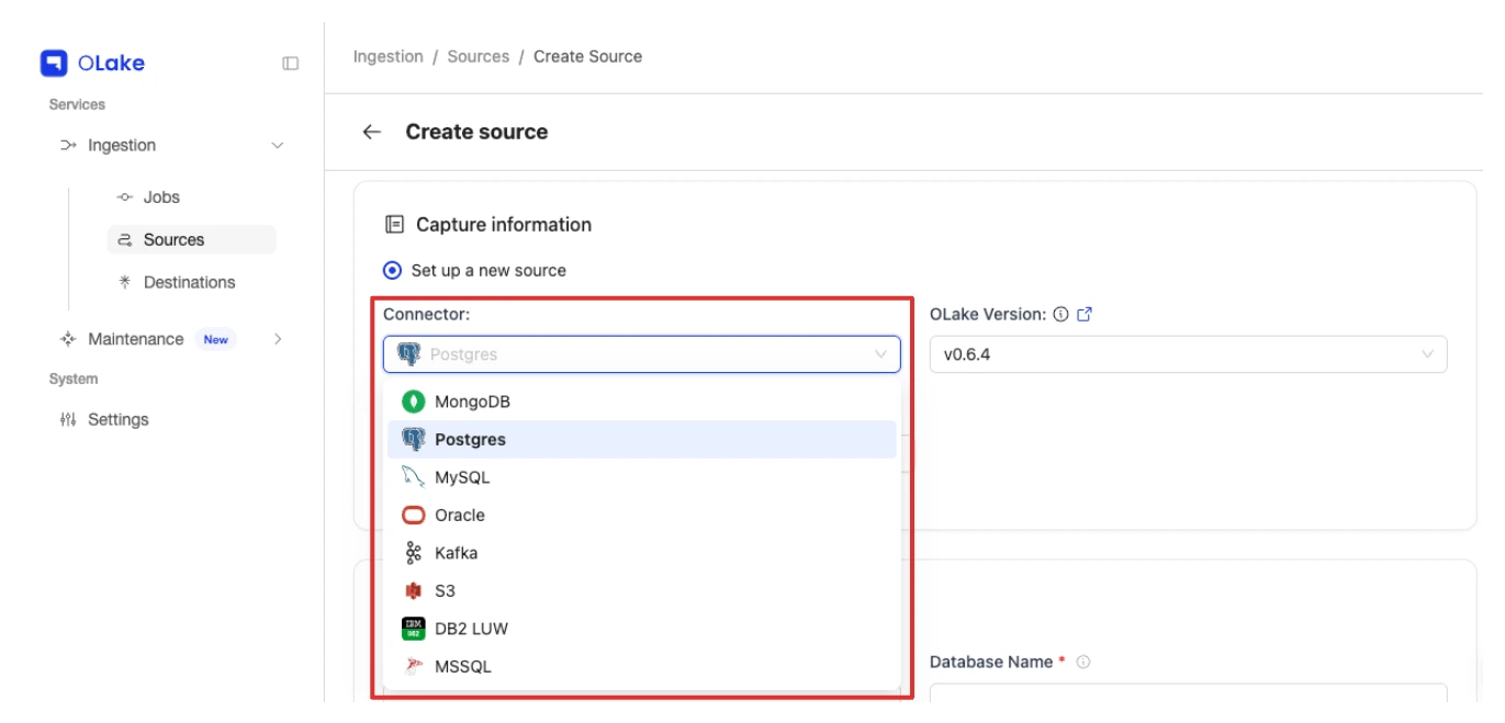 OLake create job interface with new source connector selection for MongoDB, Postgres, MySQL, Oracle