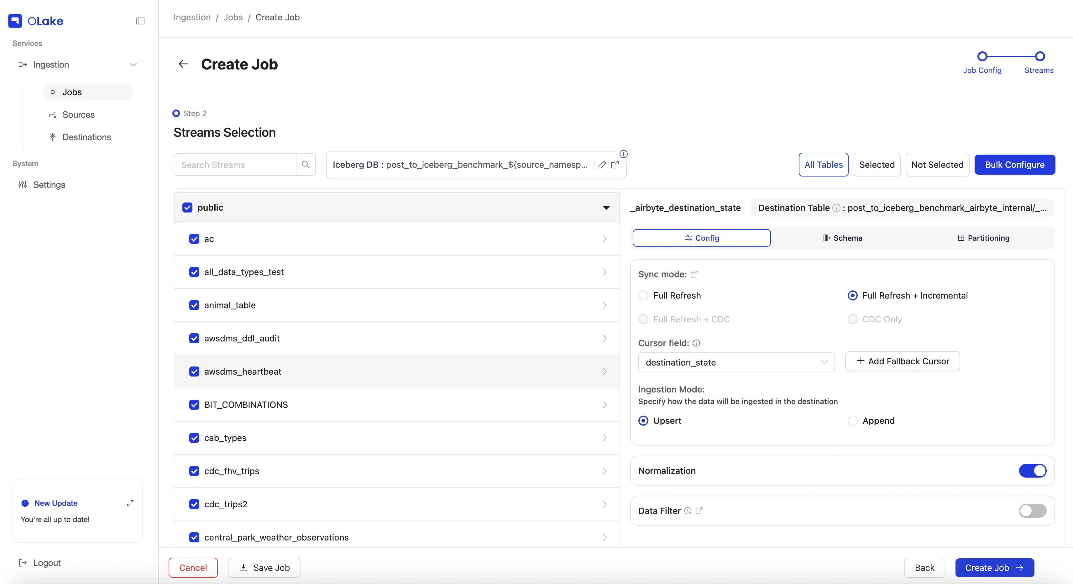 OLake streams selection, employee_data and other tables checked, sync mode set to Full Refresh + CDC