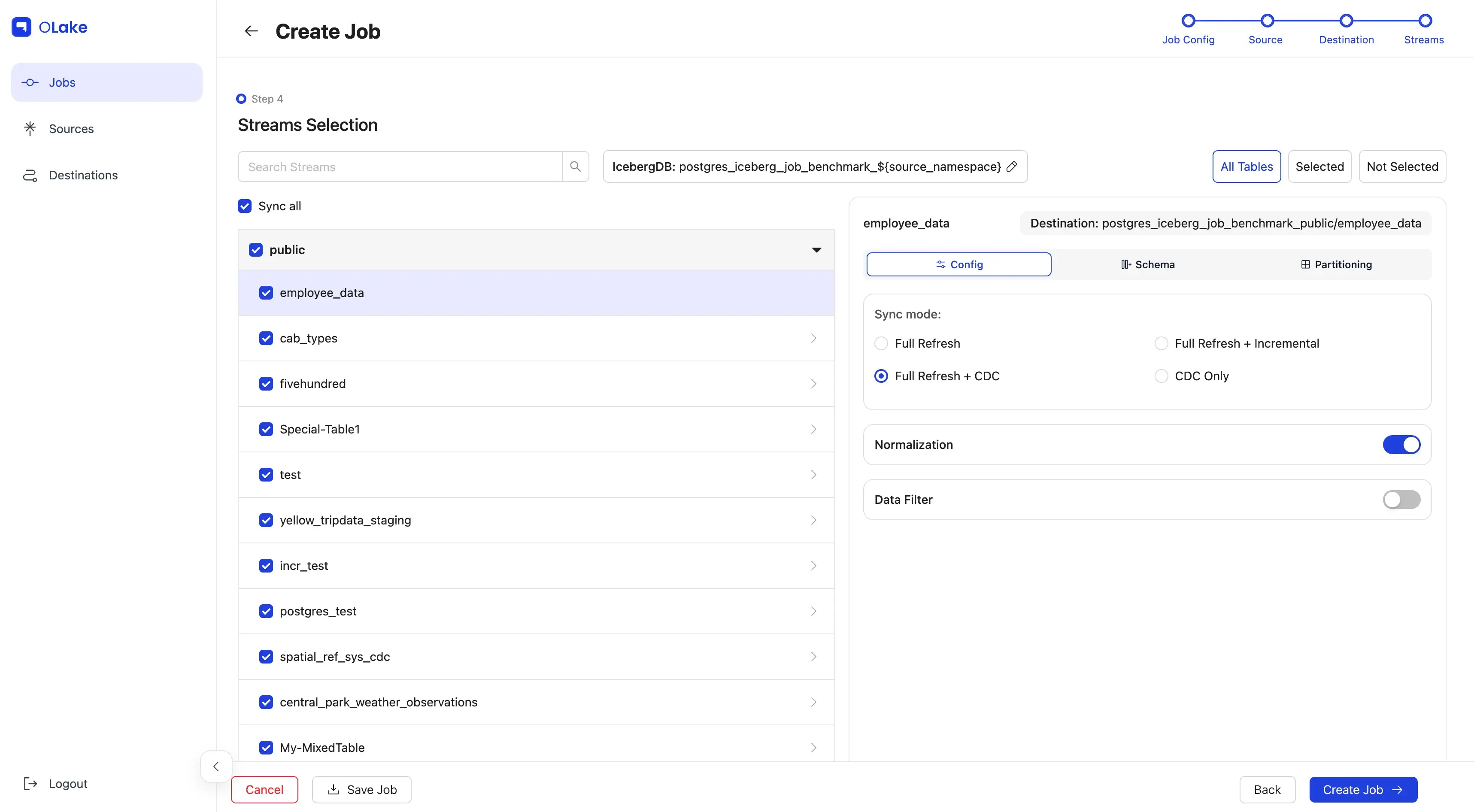 Job streams page