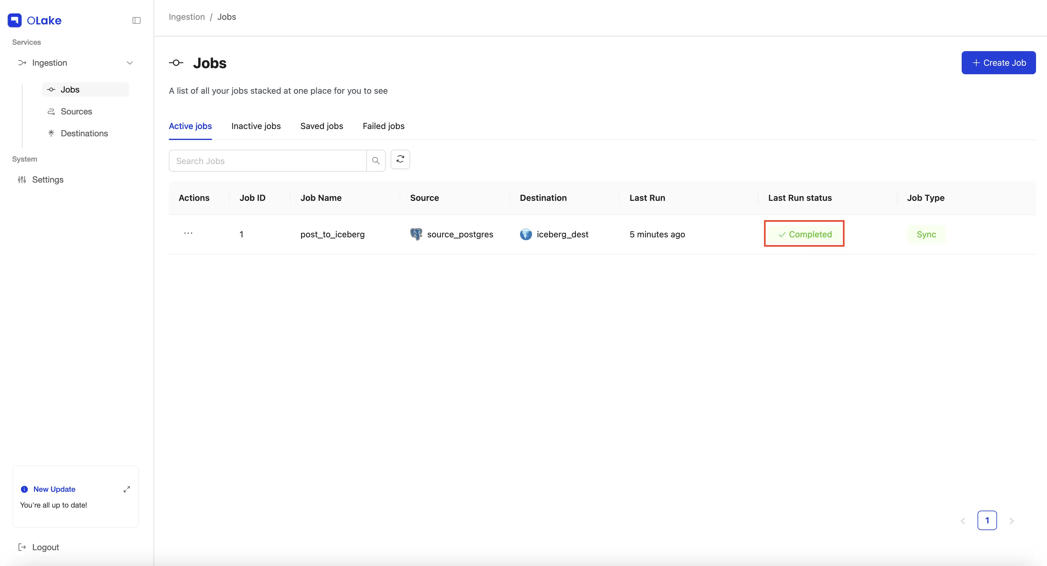OLake jobs dashboard showing completed status for Postgres to Iceberg pipeline job