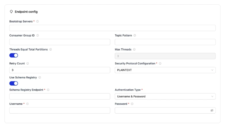 OLake Go Kafka source setup with endpoint and SSH options
