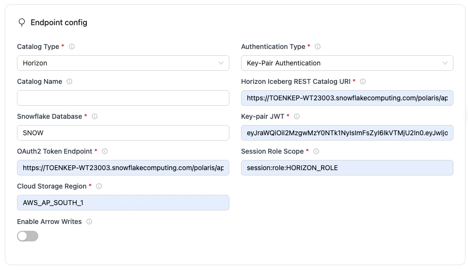 REST endpoint config form with required fields for Horizon Iceberg database connection.