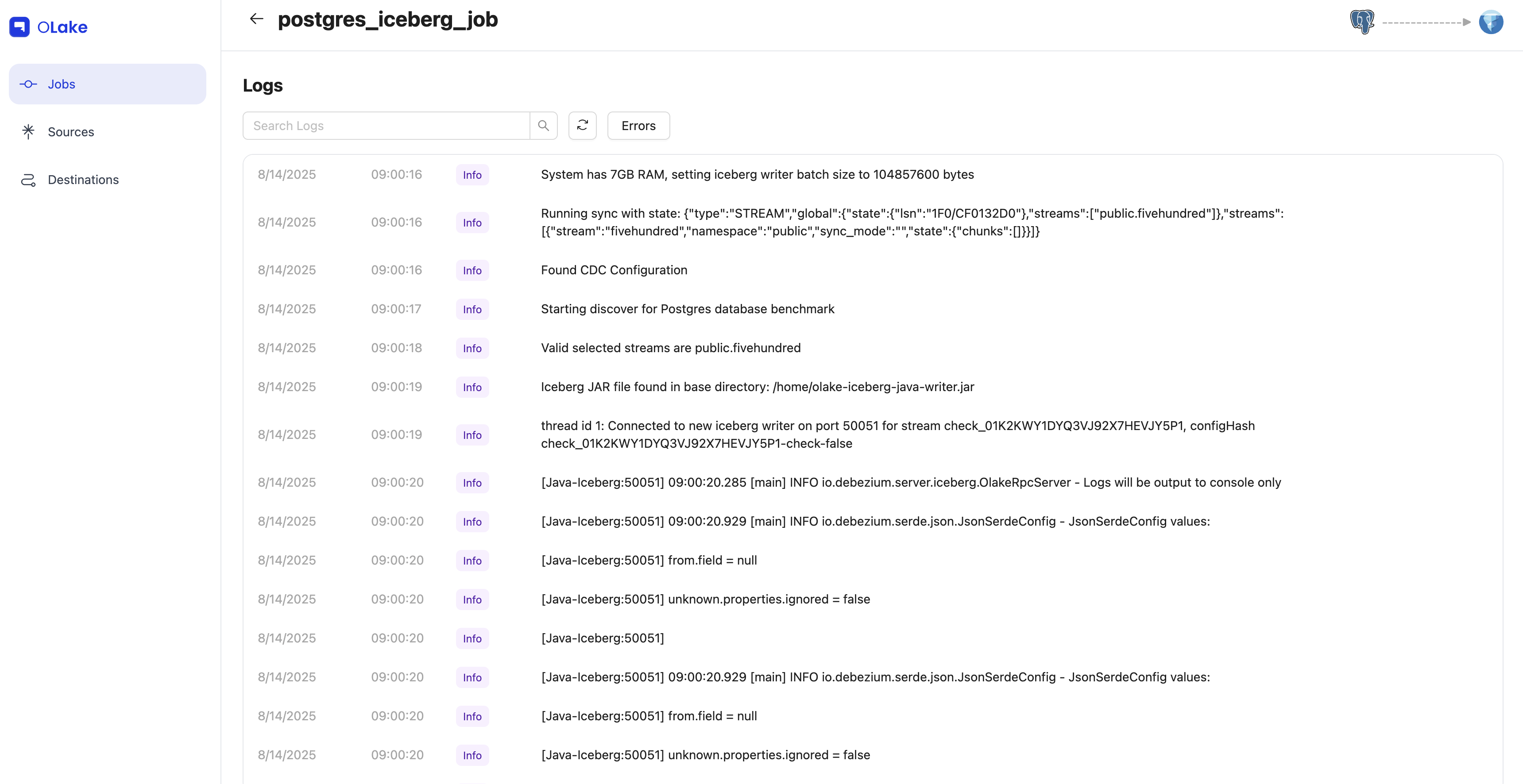 Logs page