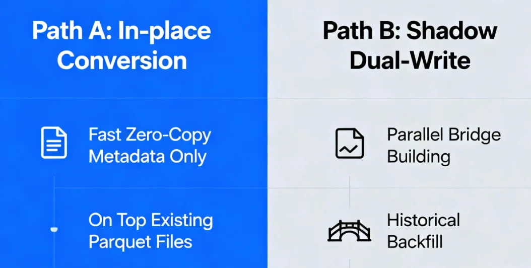 Migration strategy diagram showing in-place conversion vs dual-write approaches