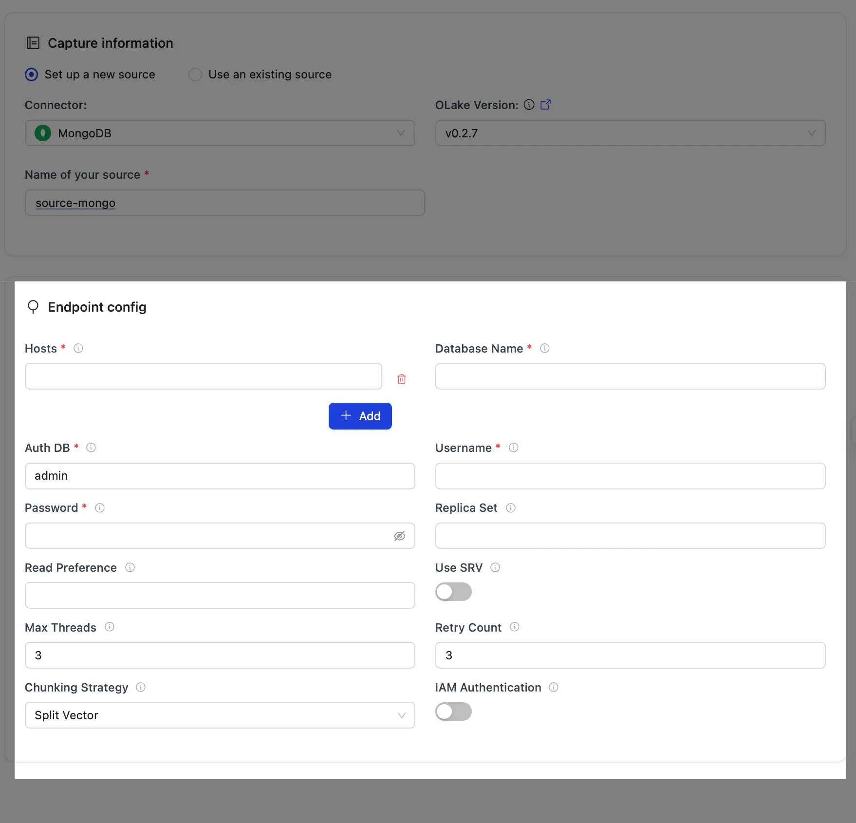 Olake UI MongoDB Source Setup