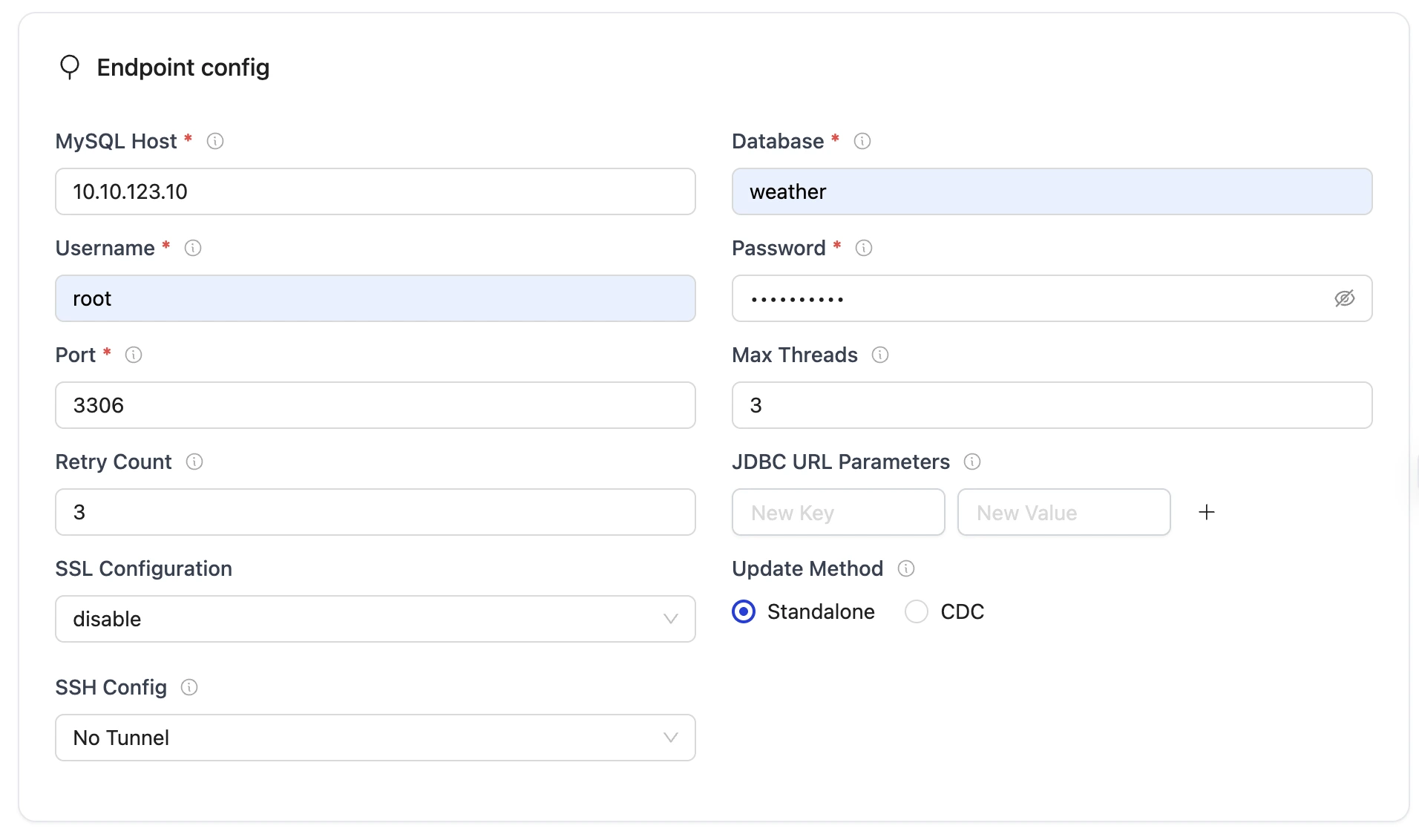 OLake MySQL source setup with endpoint and SSH options