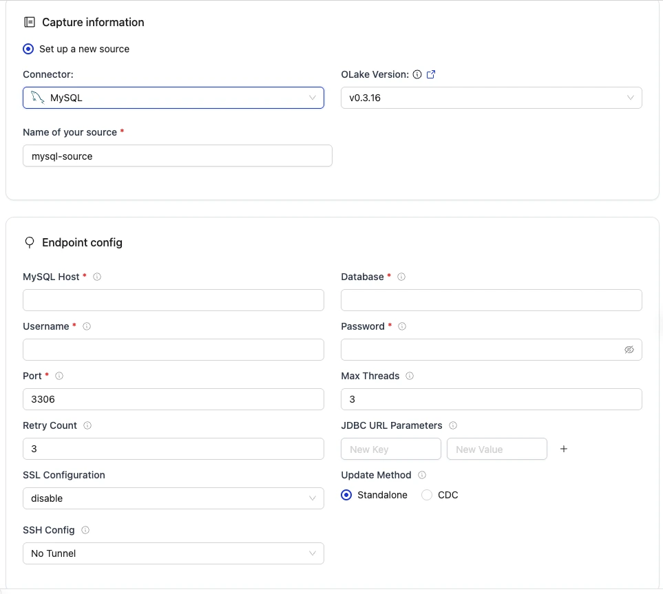 OLake MySQL source setup with endpoint and SSH options