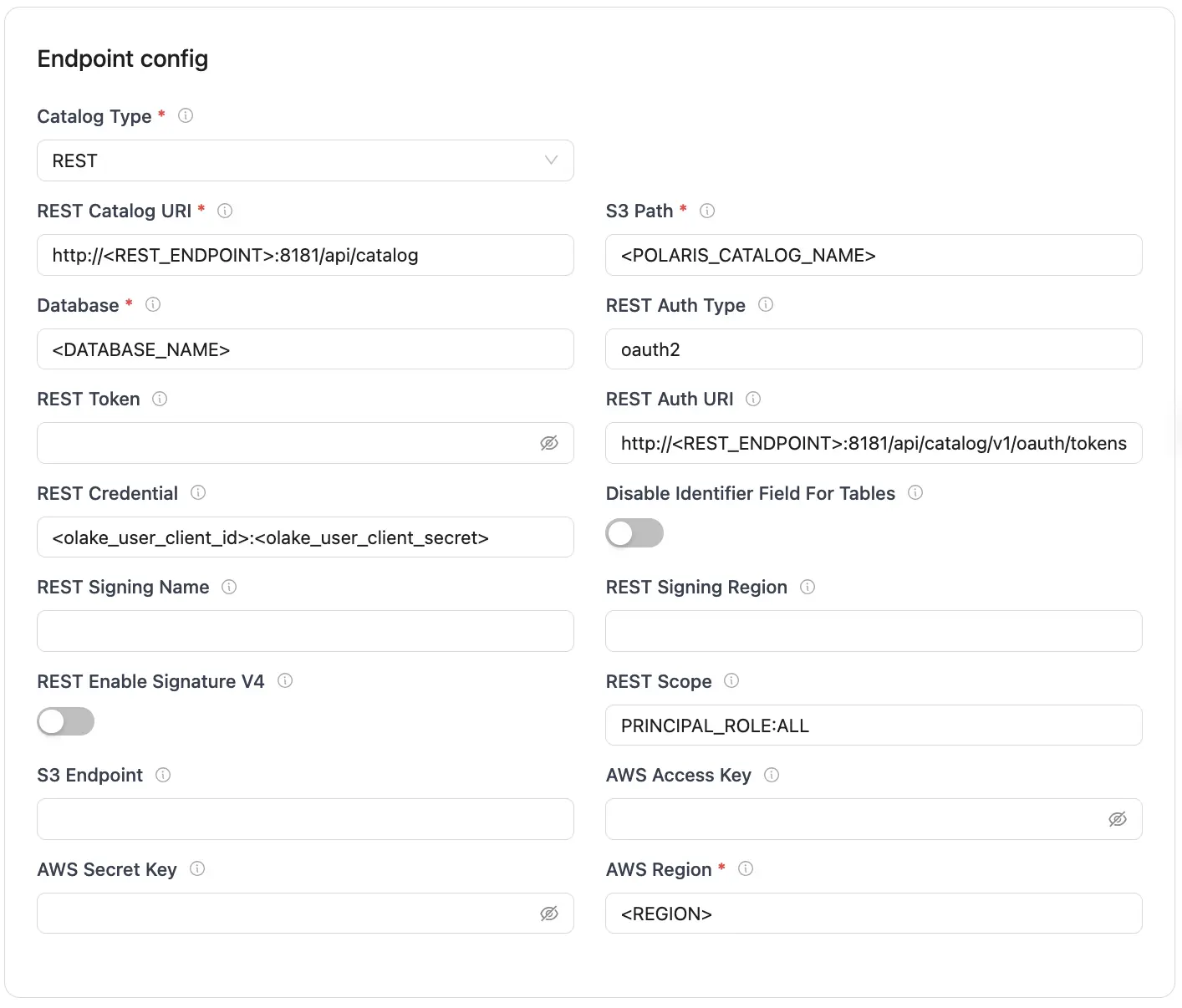 OLake UI create destination screen for Apache Iceberg AWS catalog configuration