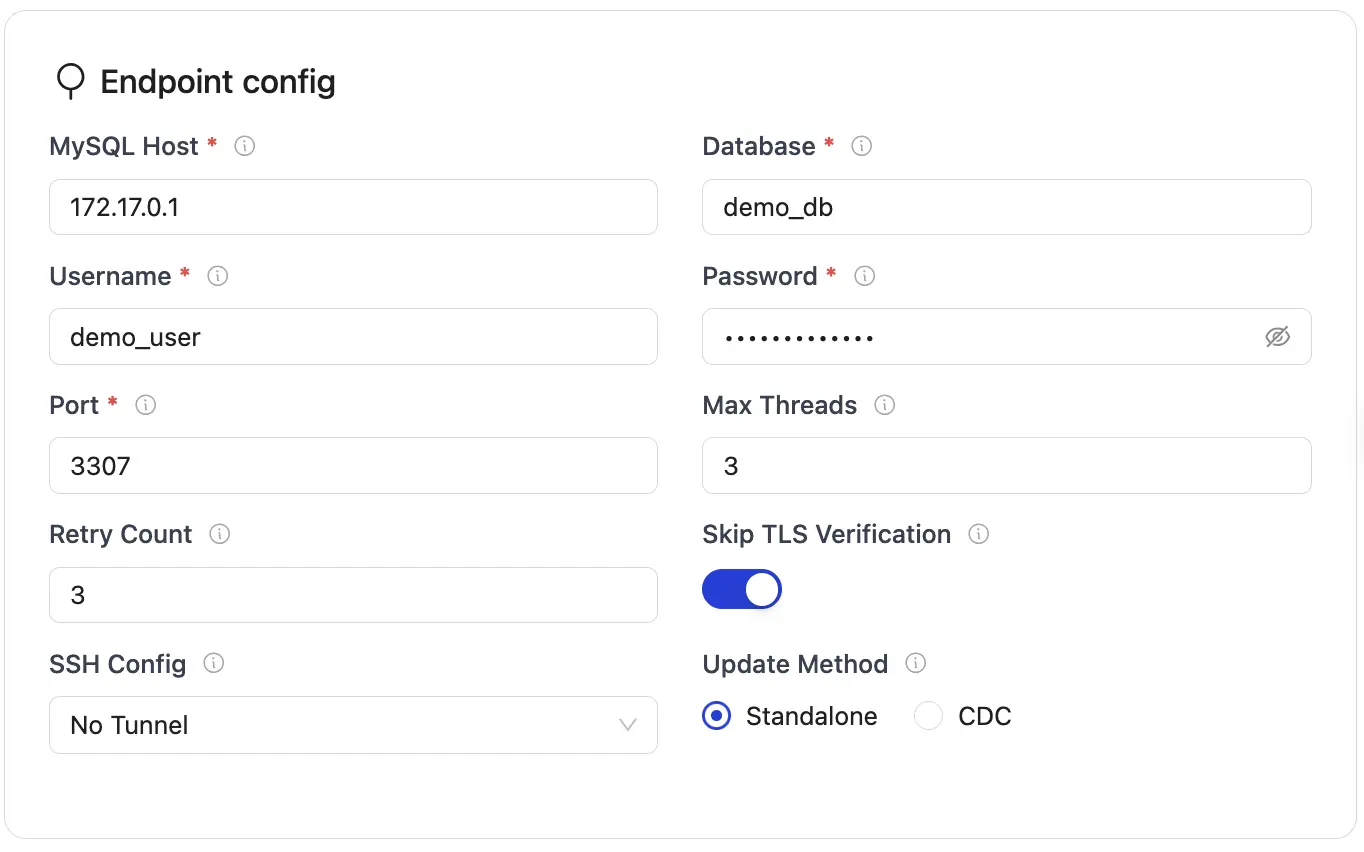 OLake platform setup source configuration UI for MySQL connector