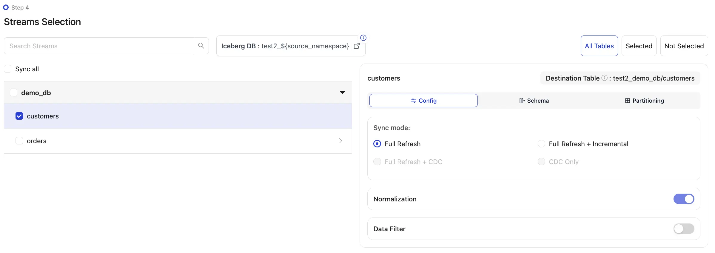 OLake stream selection UI picking tables and configuring CDC sync mode