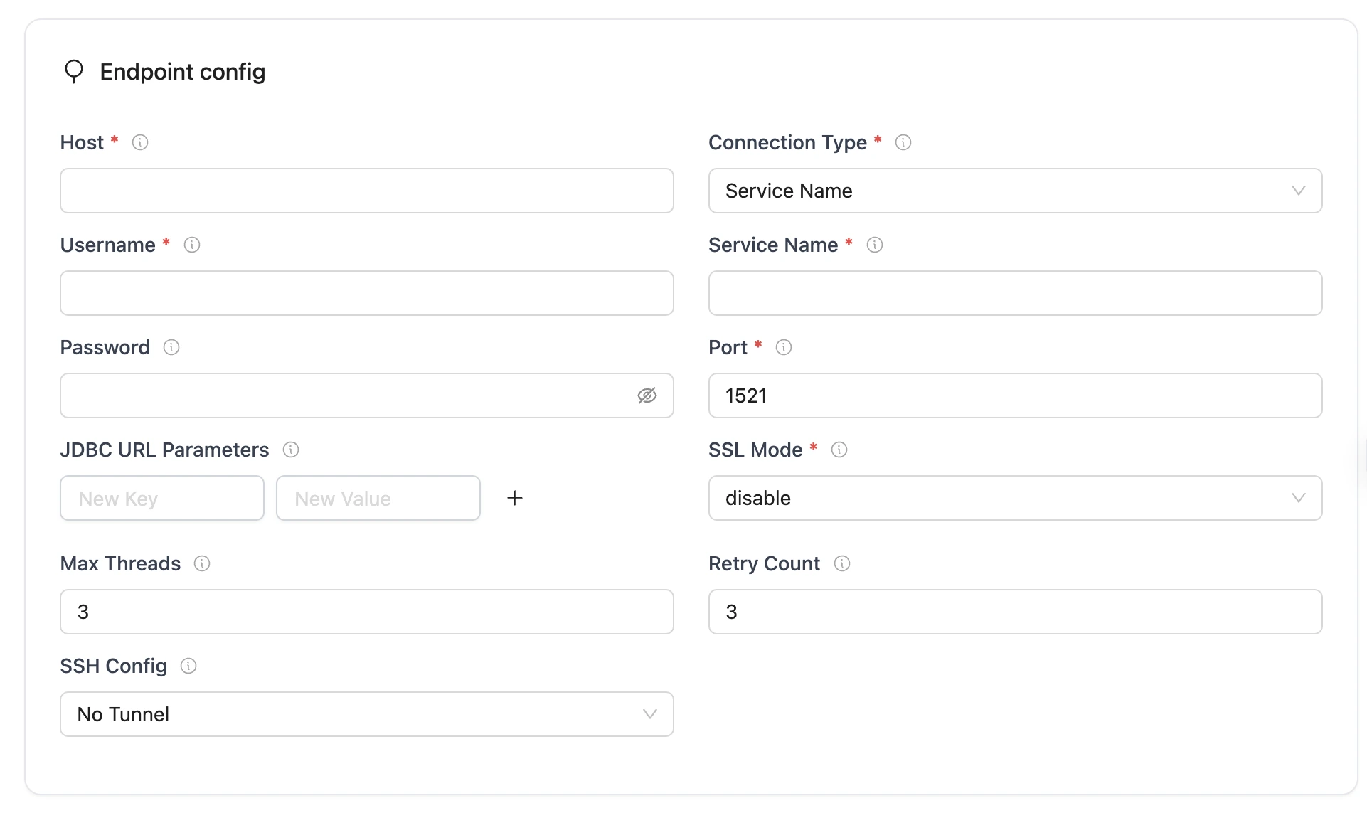 Oracle source creation form with host, username, service, port, and SSL fields.